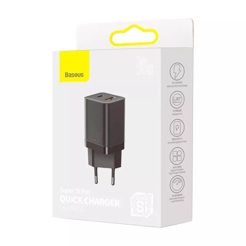 Baseus Super Si Pro Mini Cargador rápido 30W, USB-C + USB-A, PD 3.0, QC 3.0, enchufe EU, negro (CCSUPP-E01)