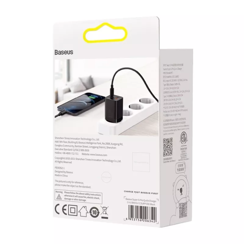 Baseus Super Si Pro Mini Cargador rápido 30W, USB-C + USB-A, PD 3.0, QC 3.0, enchufe EU, negro (CCSUPP-E01)