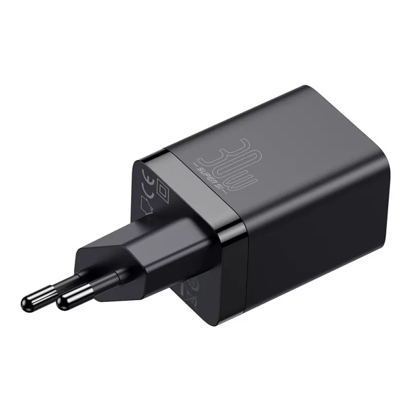 Baseus Super Si Pro Mini Cargador rápido 30W, USB-C + USB-A, PD 3.0, QC 3.0, enchufe EU, negro (CCSUPP-E01)