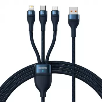Baseus Cable Universal Flash Series II Cable de Datos y Carga Rápida 3 en 1 (USB-A a Micro + Lightning + Type-C) 66W, 480mbps, 1,2m, Azul (CASS040003)