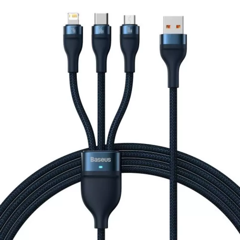 Baseus Cable Universal Flash Series II Cable de Datos y Carga Rápida 3 en 1 (USB-A a Micro + Lightning + Type-C) 66W, 480mbps, 1,2m, Azul (CASS040003)