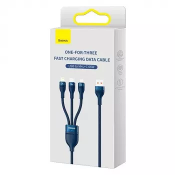 Baseus Cable Universal Flash Series II Cable de Datos y Carga Rápida 3 en 1 (USB-A a Micro + Lightning + Type-C) 66W, 480mbps, 1,2m, Azul (CASS040003)