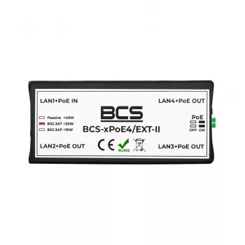 BCS-xPoE4/EXT-II Switch PoE+ de 4 puertos con 1 puerto uplink, 60W de presupuesto, modo Extend hasta 250m