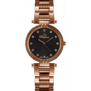 BELLEVUE D26 Reloj analógico de cuarzo de mujer 32mm caja de acero inoxidable correa de piel negra