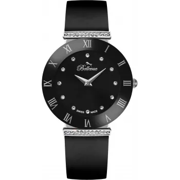 BELLEVUE E126 Reloj mujer analógico de cuarzo 26mm esfera plateada correa de cuero negra