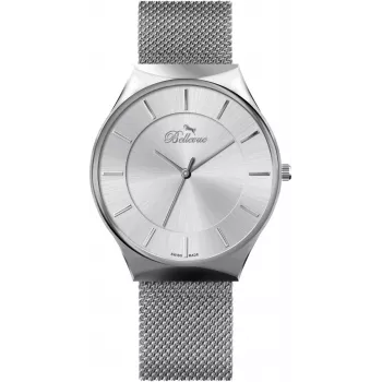 BELLEVUE E56 Reloj de cuarzo analógico para hombre 32 mm caja de acero inoxidable esfera negra correa de piel auténtica