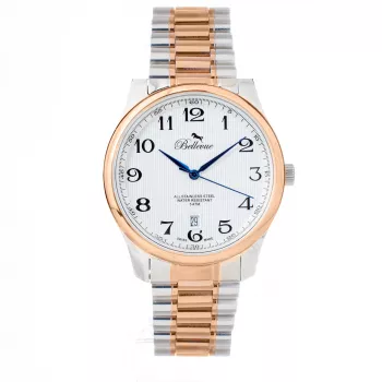 Reloj de cuarzo analógico para hombre BELLEVUE F1 40 mm acero inoxidable esfera negra correa de piel auténtica