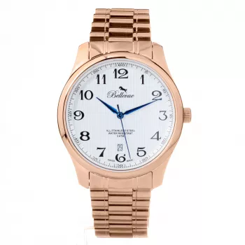 BELLEVUE Reloj de cuarzo analógico para mujer FB4 40 mm Acero inoxidable Esfera negra Correa de piel