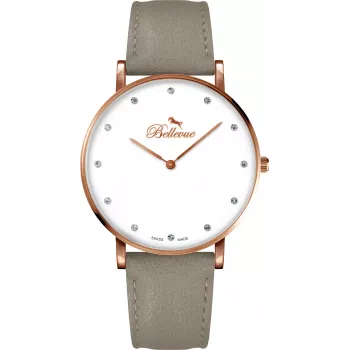 BELLEVUE Woman B56 40mm reloj de cuarzo analógico caja de acero inoxidable correa de piel negra