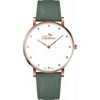 Reloj de mujer BELLEVUE B57 40mm cuarzo analógico esfera plateada piel negra