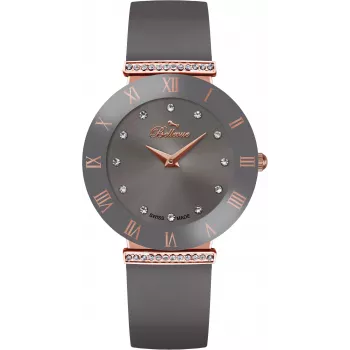 BELLEVUE Woman E112 Reloj de cuarzo analógico 25mm Esfera plateada Correa de piel negra