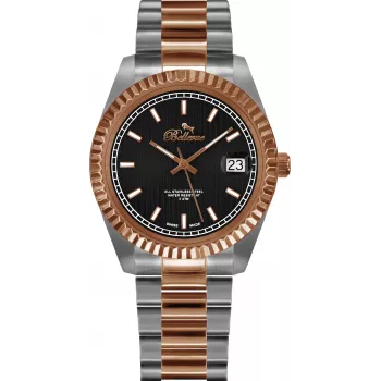BELLEVUE reloj de mujer H19 38mm analógico de cuarzo esfera plateada correa de piel negra