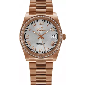 BELLEVUE Woman I28 (28mm) Reloj de pulsera analógico de cuarzo - Esfera plateada, correa de piel negra