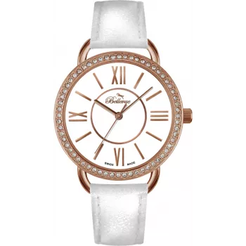 Reloj de cuarzo de mujer BELLEVUE A66 38 mm acero inoxidable esfera blanca piel negra
