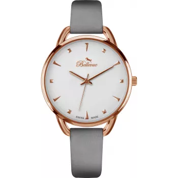 Reloj de mujer BELLEVUE analógico de cuarzo B34 38 mm caja de acero inoxidable esfera blanca correa de piel negra