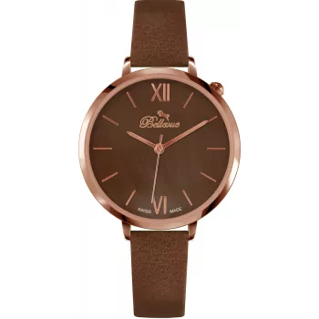 Reloj mujer BELLEVUE B51 cuarzo 35mm caja de acero inoxidable esfera plateada correa de piel negra