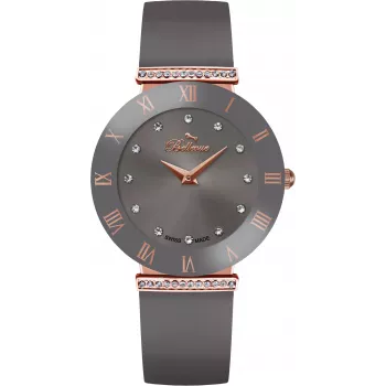 BELLEVUE Reloj de cuarzo para mujer E111 33 mm caja de acero inoxidable correa de piel negra