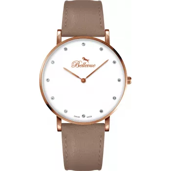 BELLEVUE Reloj de cuarzo analógico de mujer B53 40mm caja de acero inoxidable correa de piel negra