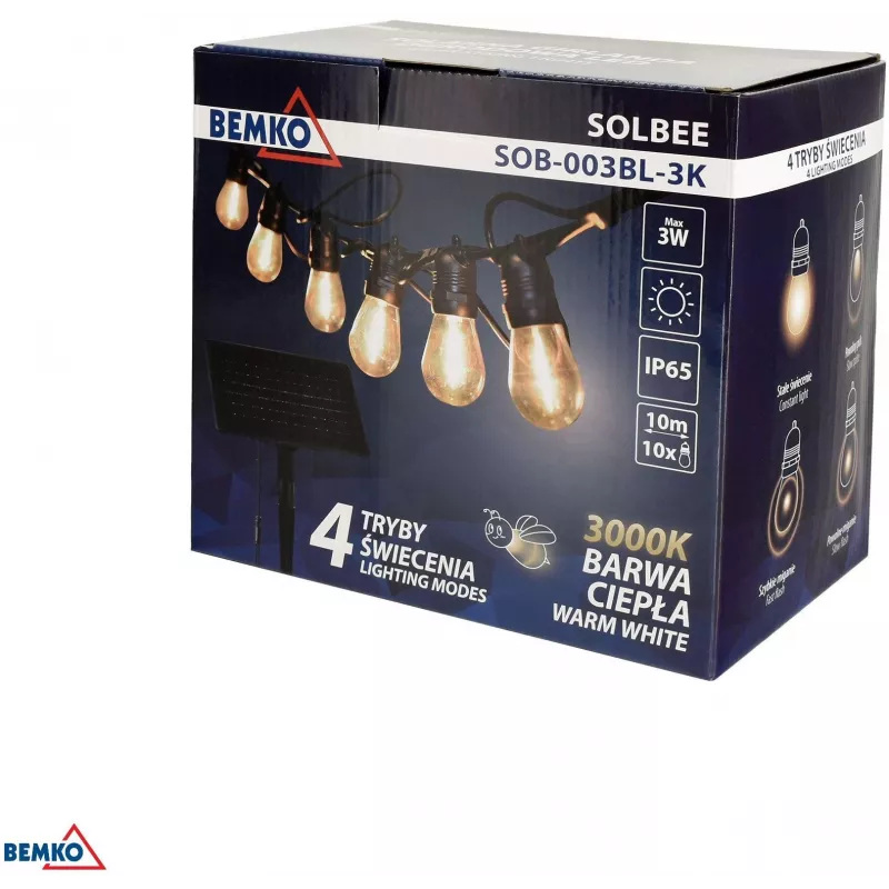 BEMKO SOLBEE Cadena de luces LED solares para jardín 10 LEDs 10 m blanco cálido 3000K IP65 negro