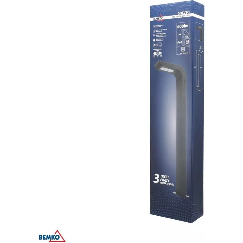 BEMKO SOLVEO baliza de jardín híbrida LED, 7W, 600lm, CCT 3000K/4000K/6500K, 80cm, IP65, gris oscuro, sensor PIR
