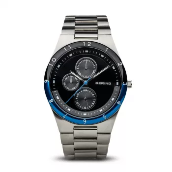 BERING Reloj de cuarzo Classic Minimalist de hombre 39mm Caja de titanio Esfera azul Correa de malla de acero inoxidable gris 32339-702