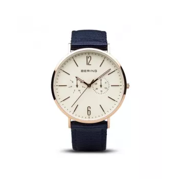 Bering Reloj de hombre Classic de cuarzo 40 mm esfera azul oro rosa acero inoxidable malla 14240-864B