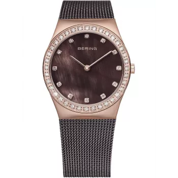 BERING Reloj de mujer Classic de cuarzo analógico 26mm acero inoxidable oro rosa y marrón