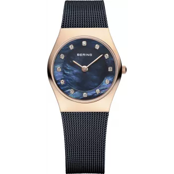BERING Reloj de cuarzo Classic para mujer 26mm oro rosa acero inoxidable malla esfera marrón sunray