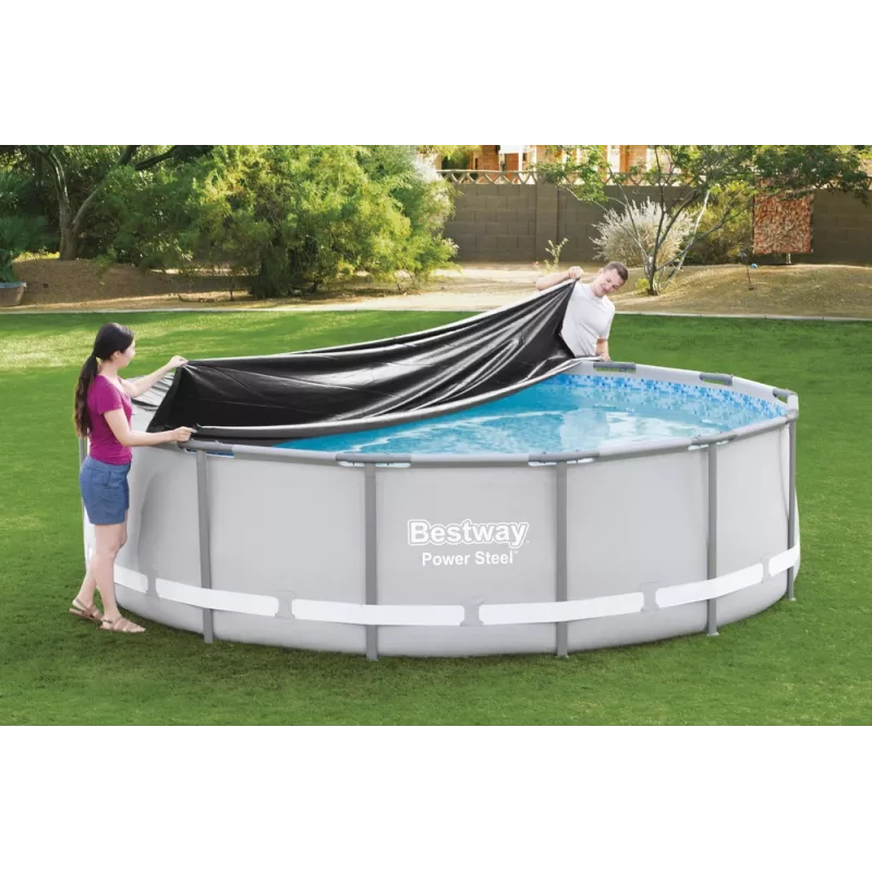 Bestway Cubierta de piscina Flowclear para piscina desmontable Steel Pro MAX Frame de 427 cm (14 ft) - azul de polietileno con tensores de cuerda