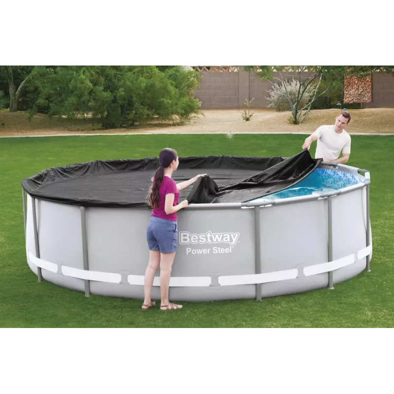 Bestway Cubierta de piscina Flowclear para piscina desmontable Steel Pro MAX Frame de 427 cm (14 ft) - azul de polietileno con tensores de cuerda