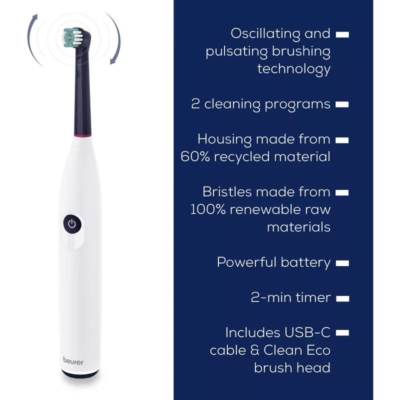 Beurer TB 15 Green Planet Cepillo de dientes eléctrico blanco sónico cabezal redondo 3 programas 2 cabezales 104,92