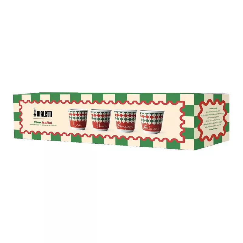 Bialetti Set de 4 vasos de espresso Tricolore, 80 ml, vidrio, colores de la bandera italiana, aptos para lavavajillas