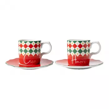 Juego de tazas de espresso Bialetti Tricolore con platillos (2 tazas, 2 platillos)
