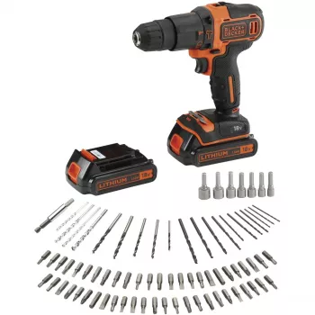 BLACK+DECKER Atornillador percutor a batería 18V BDCHD18BAFC, negro/naranja, 2 baterías de litio de 1,5 Ah, set de 80 accesorios, maletín