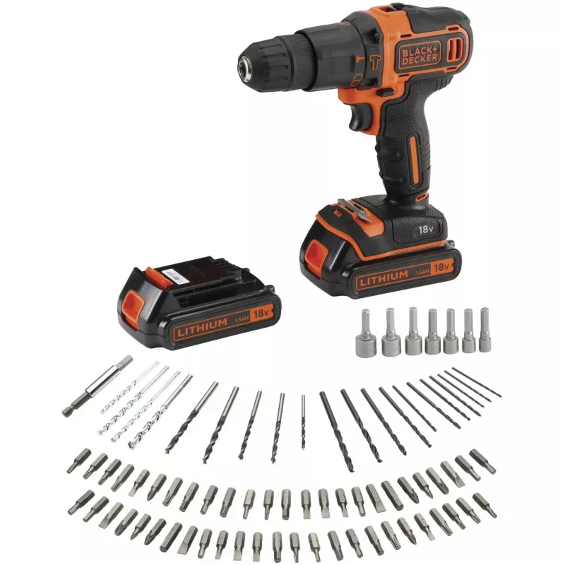 BLACK+DECKER Atornillador percutor a batería 18V BDCHD18BAFC, negro/naranja, 2 baterías de litio de 1,5 Ah, set de 80 accesorios, maletín