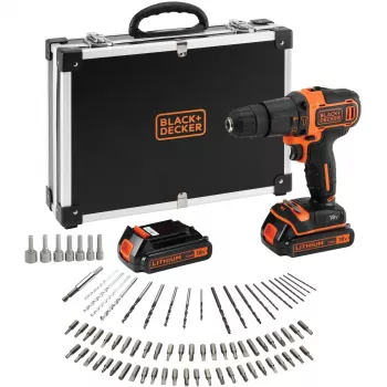 BLACK+DECKER Atornillador percutor a batería 18V BDCHD18BAFC, negro/naranja, 2 baterías de litio de 1,5 Ah, set de 80 accesorios, maletín