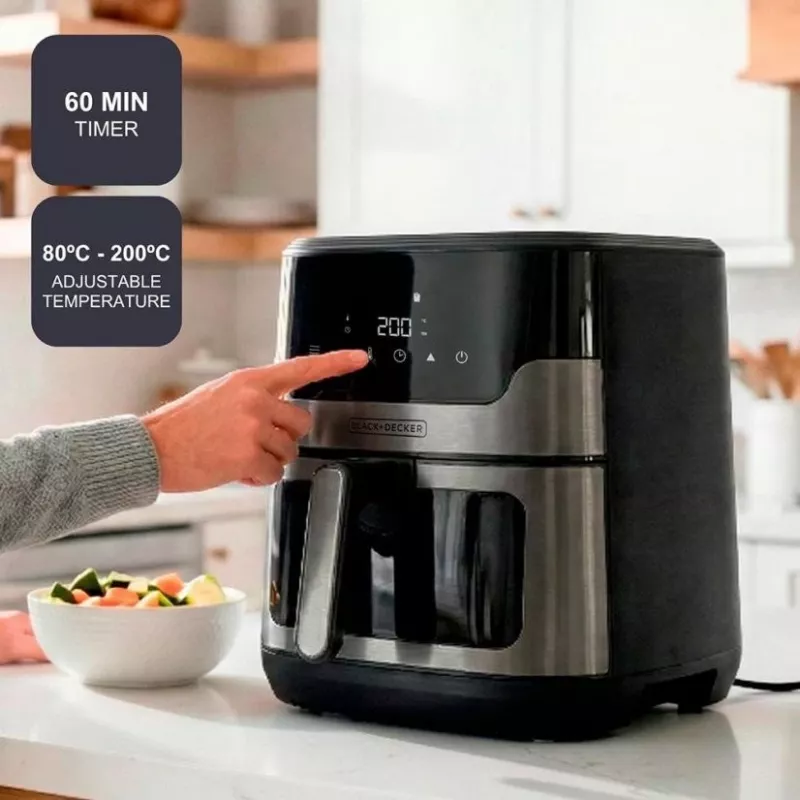 BLACK+DECKER BXAF8001E Freidora de aire digital 8L, 1700W, 8 programas, cesta antiadherente, negra