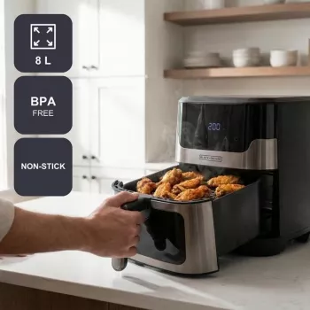 BLACK+DECKER BXAF8001E Freidora de aire digital 8L, 1700W, 8 programas, cesta antiadherente, negra