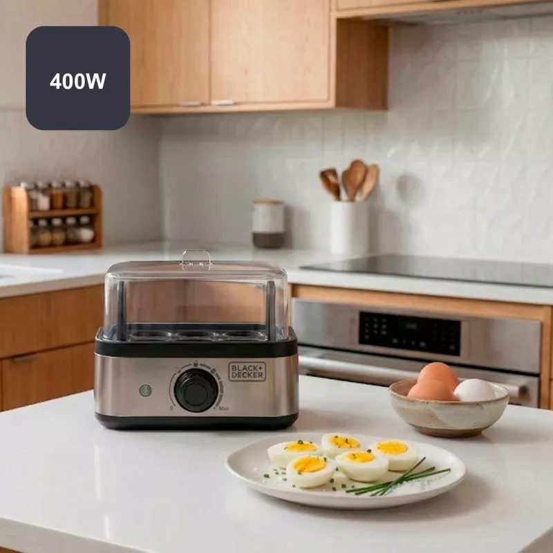 BLACK+DECKER BXKS4800E Hervidor de huevos, 400 W, 6 huevos, Blandos/Medios/Duros, Negro
