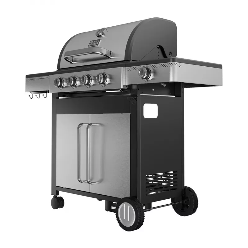 Black+Decker BXOG16550E barbacoa de gas, 4 quemadores con quemador lateral, 16,5 kW, negro y acero inoxidable