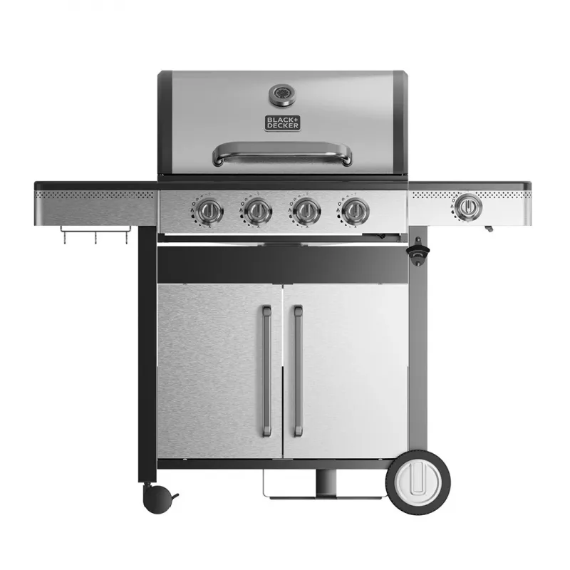 Black+Decker BXOG16550E barbacoa de gas, 4 quemadores con quemador lateral, 16,5 kW, negro y acero inoxidable