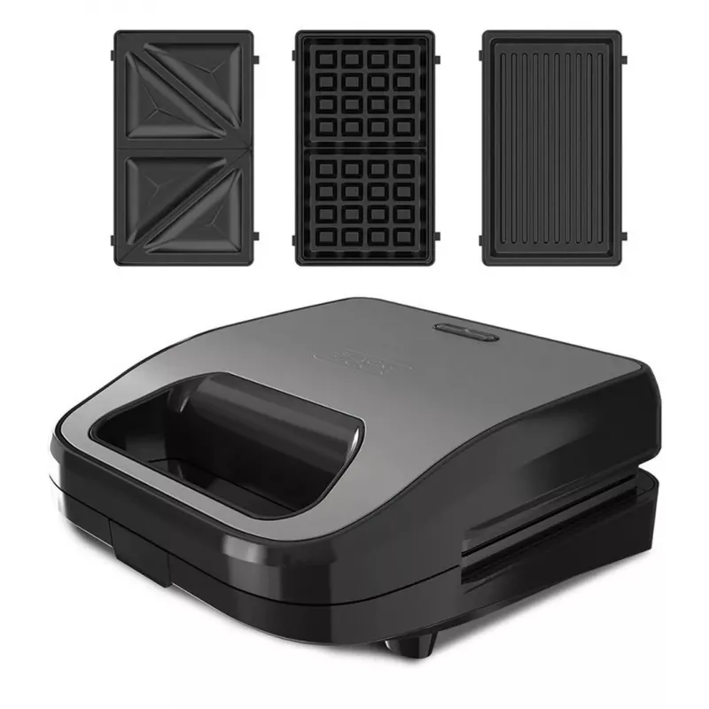 BLACK+DECKER BXSA754E sandwichera, gofrera y grill 3 en 1 con 3 placas antiadherentes intercambiables, 750 W, acero inoxidable