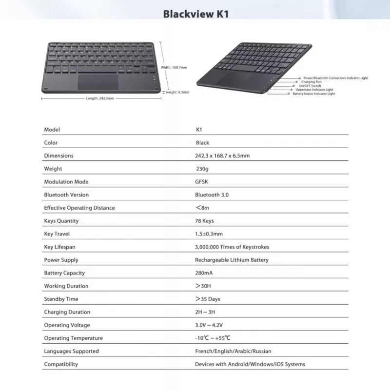 Teclado Bluetooth inalámbrico Blackview K1 ultrafino 10