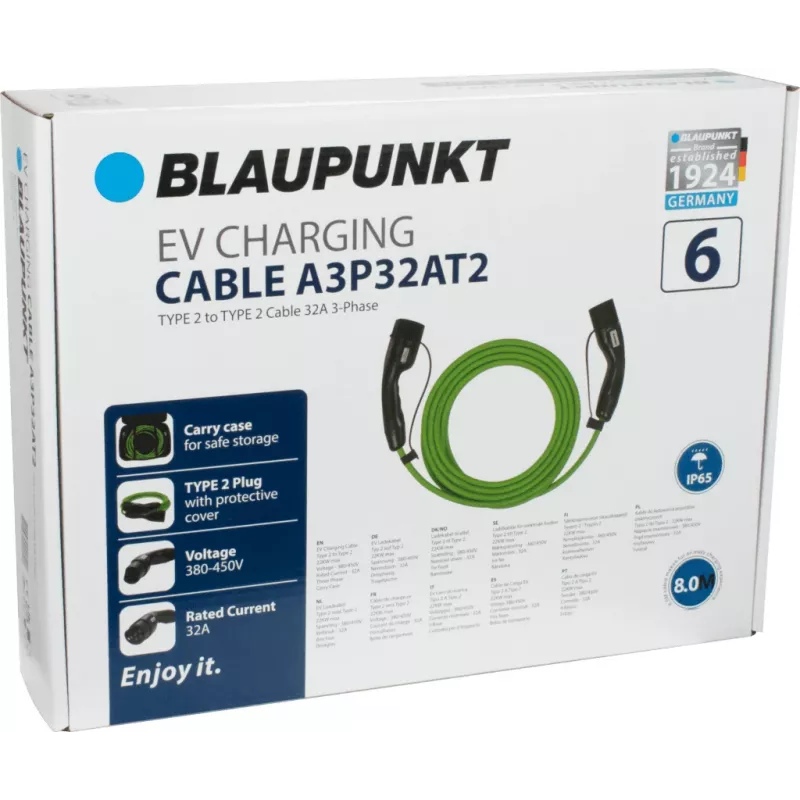 Blaupunkt cable de carga para VE Type 2 a Type 2 8m 32A trifásico 22kW (A3P32AT2)