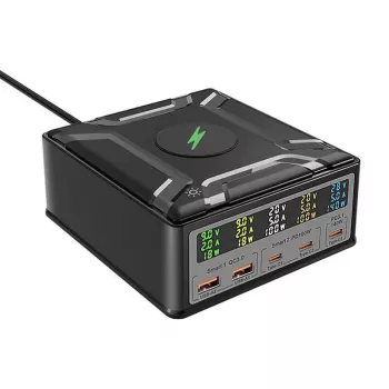 BlitzWolf BW-S28 Estación de carga GaN USB-C 260W, 2xUSB-A, 3xUSB-C, cargador inalámbrico 15W, Negro