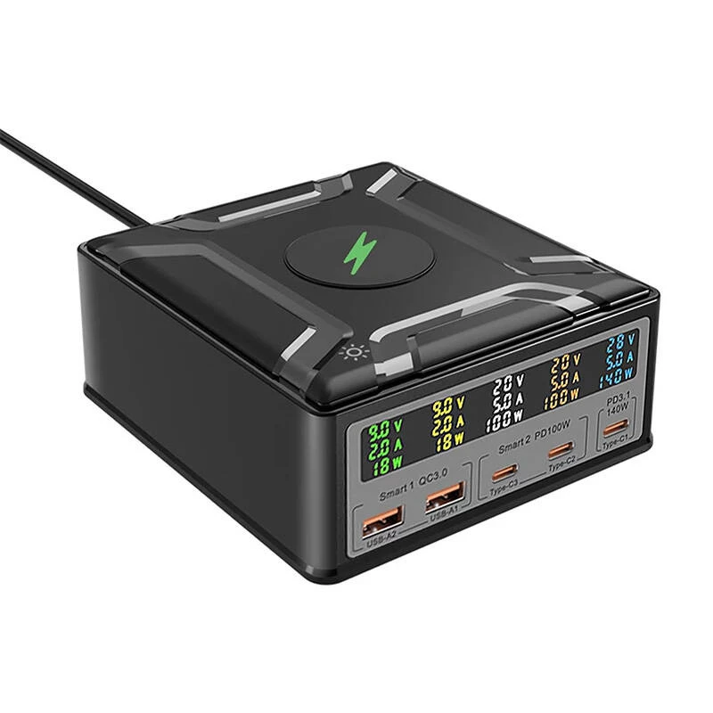 BlitzWolf BW-S28 Estación de carga GaN USB-C 260W, 2xUSB-A, 3xUSB-C, cargador inalámbrico 15W, Negro