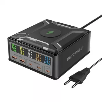 BlitzWolf BW-S28 Estación de carga GaN USB-C 260W, 2xUSB-A, 3xUSB-C, cargador inalámbrico 15W, Negro