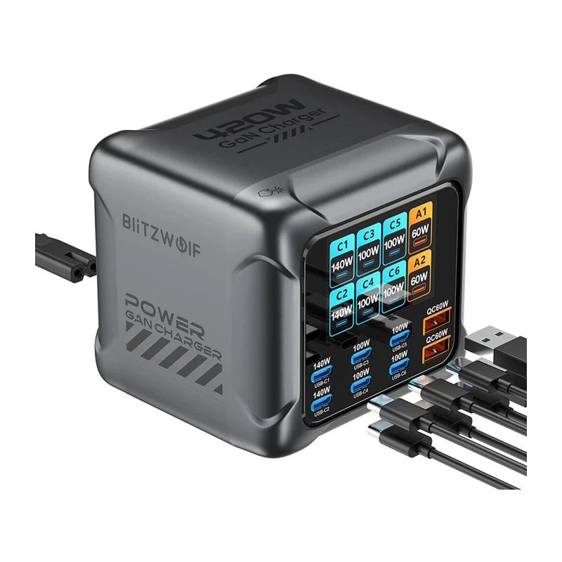 Blitzwolf BW-S33 cargador USB-A de 420W y 8 puertos, negro