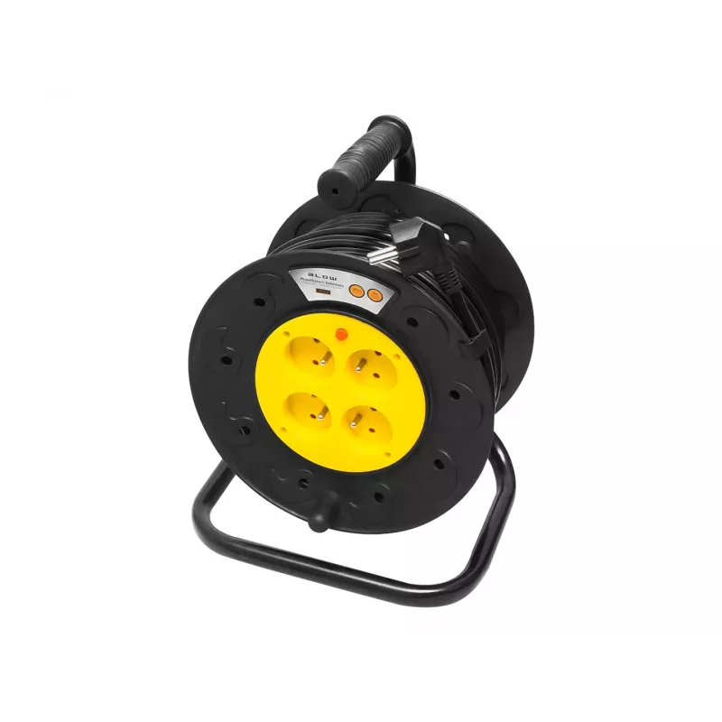 BLO PR-61 Alargador enrollable de 30m con 4 tomas Schuko, protección térmica, cable 3x1,5mm² H05VV-F, IP20, 16A/230V, máx. 3680W desenrollado
