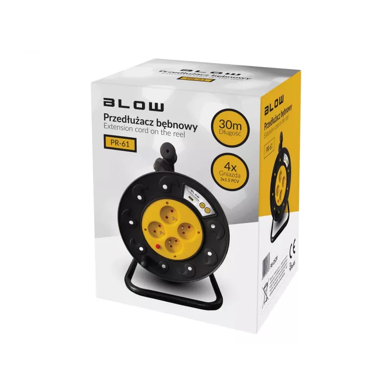 BLO PR-61 Alargador enrollable de 30m con 4 tomas Schuko, protección térmica, cable 3x1,5mm² H05VV-F, IP20, 16A/230V, máx. 3680W desenrollado